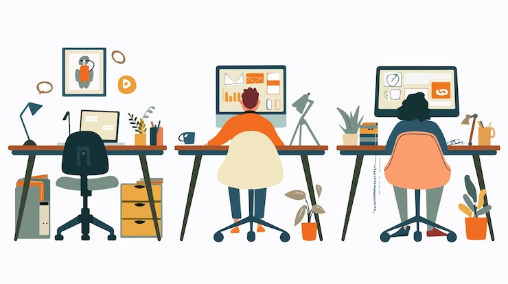 Vector modern workplaces with varied desks setup