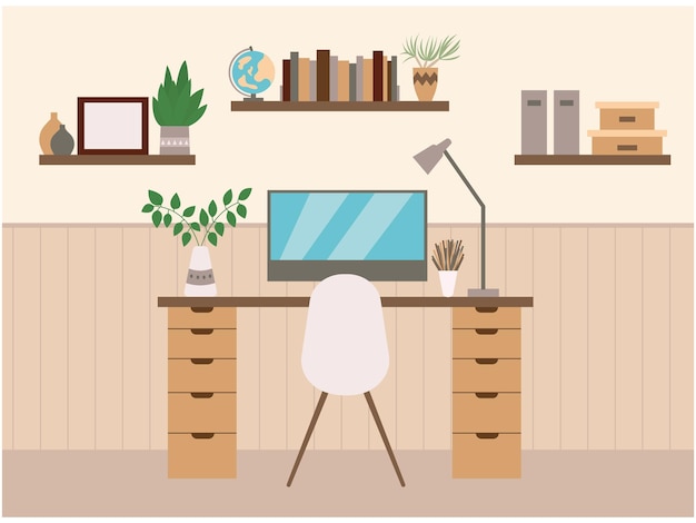 Modern workspace in room with computer table chair lamp and bookshelves Flat vector illustration Interior design of study room