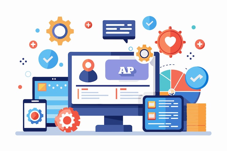 Vector a modern workspace showcases customizable application programming interface tools with various devices gear icons and analytics displayed on multiple screens