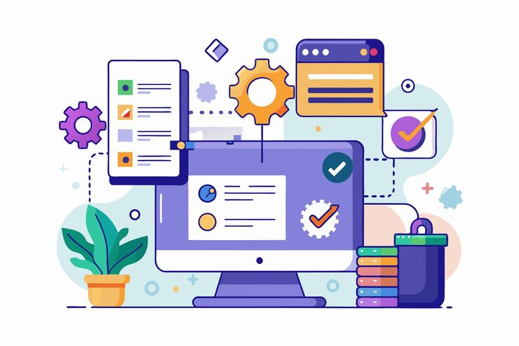 Vector a modern workspace with a computer displaying coding elements gears and checklists for pull request customization pull request customizable semi flat illustration