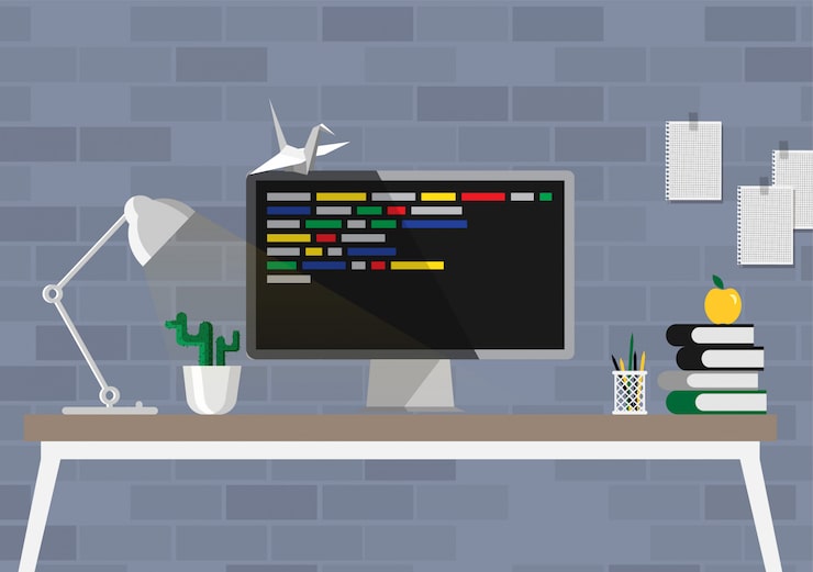 Vector modern workspace with computer on program code on a screen. coding and programming concept.