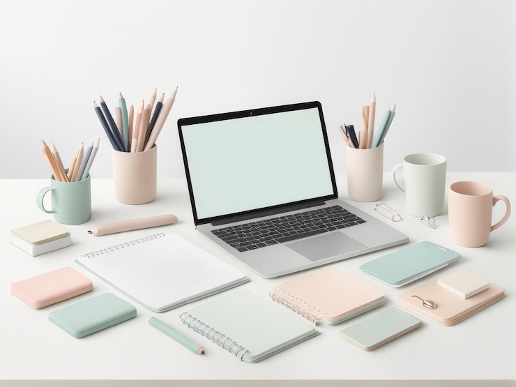 Vector modern workspace with laptop stationery cup and other supplies on white background top view