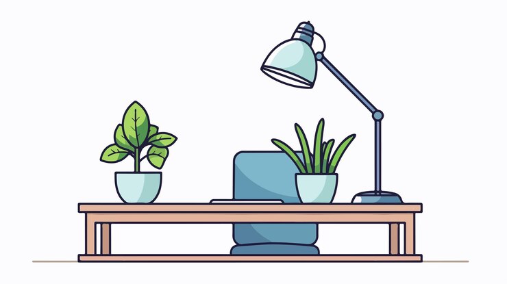 Vector modern workspace with office desk chair lamp computer and plant