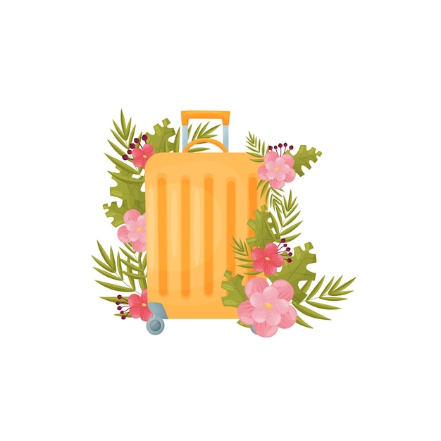 Modern yellow suitcase on wheels vector illustration on white background