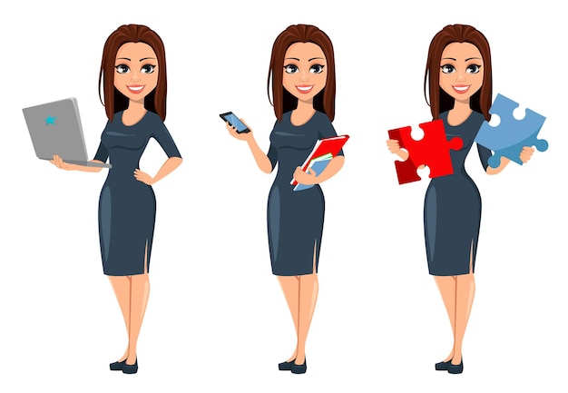 Vector modern young business woman holds laptop holds smartphone and holds two pieces of puzzle