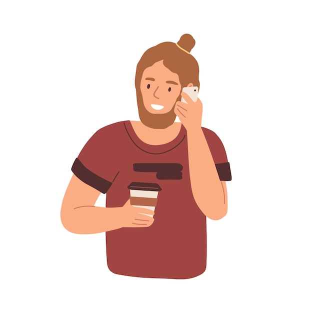 Modern young man holding paper cup with hot coffee and chatting on mobile phone. Bearded guy talking on cellphone with hot beverage in hand. Flat vector illustration isolated on white background.