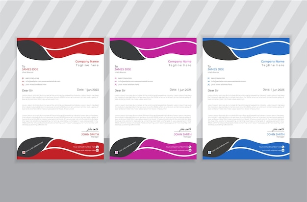Modern zakelijk en zakelijk briefhoofdsjabloonontwerp met presentatie in drie kleuren