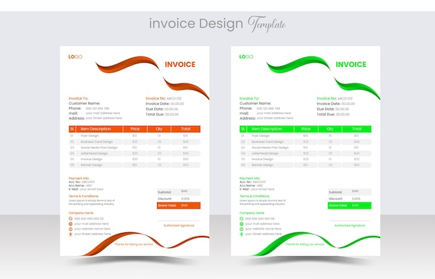 Vector modern zakelijk factuurontwerpsjabloon en 2 kleurvariaties