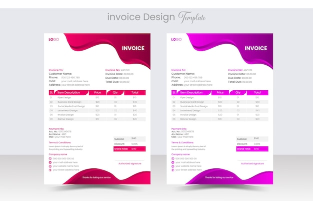 Vector modern zakelijk factuurontwerpsjabloon en 2 kleurvariaties