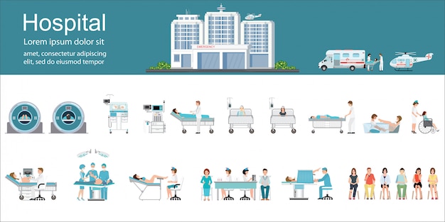 Modern ziekenhuisgebouw en gezondheidszorg infographics.