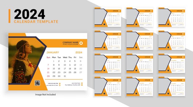 Moderne 12 pagina's bureau kalender sjabloon voor het jaar 2024 met abstracte gradiënt vormen en een afbeelding
