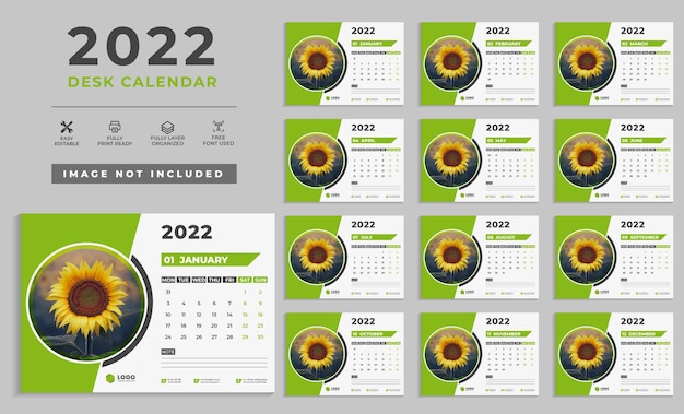 Moderne 2022 bureaukalender afdruksjabloon