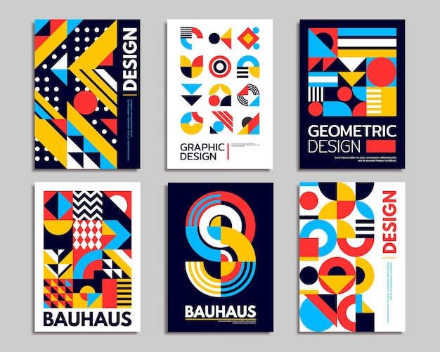 Moderne abstracte bauhaus-posters Geometrisch patroon met eenvoudige kleurvormen Vector grafische achtergrond van kleurencollage met cirkels, driehoeken en vierkanten Creatieve geometrische blokken bauhaus-patronen