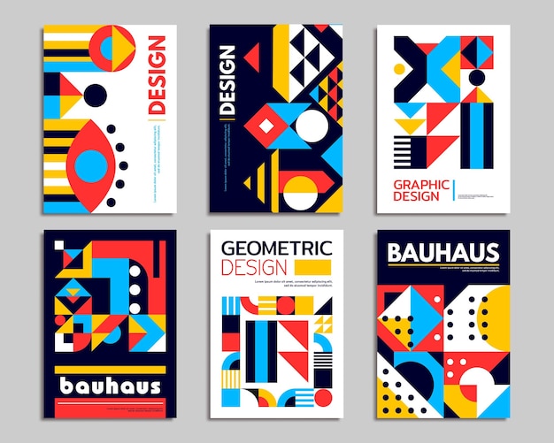 Moderne abstracte bauhaus-posters Geometrisch patroon van minimale vectorgrafische achtergrond met kleurcirkels, vierkanten en driehoeken Retro bauhaus-patroon met collage van eenvoudige geometrische vormen