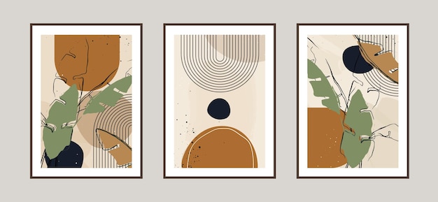 Moderne abstracte bladeren lijn kunst achtergrond met verschillende vormen voor wanddecoratie briefkaart