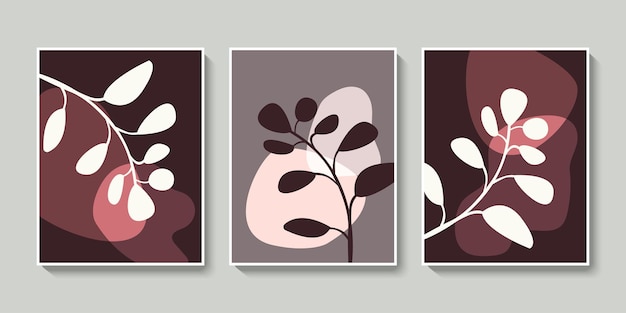 Moderne abstracte kaartenset met tropische blad- en organische blobvormen. Minimalistische botanische muurkunst