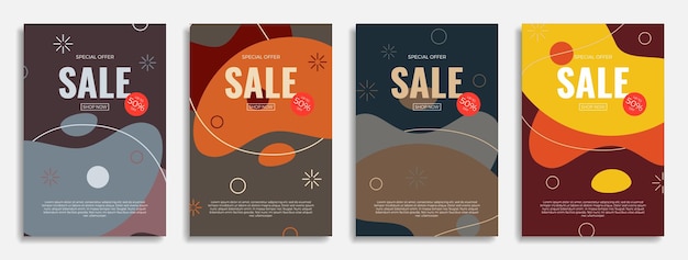 Moderne abstracte sale posters met kleurrijke geometrische vormen trendy design met vloeibare objecten