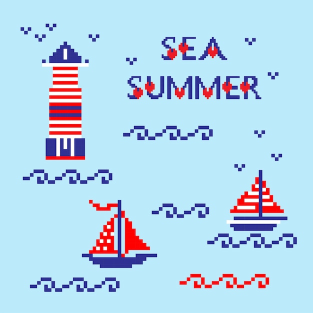 Moderne abstracte set pixel kunst pictogrammen geïsoleerde achtergrond zomervakantie vakantie poster in blauwe rode en witte kleur