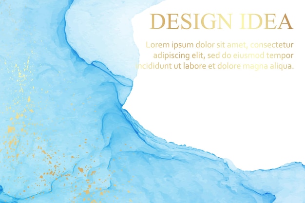 Moderne aquarel achtergrond met abstracte blauwe inktgolven en gouden spetteringen