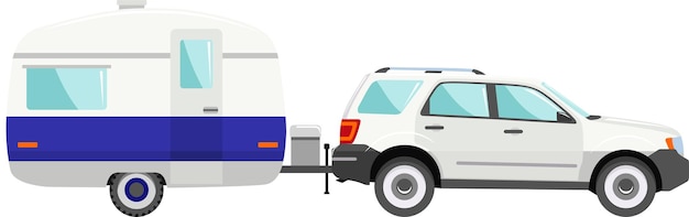 Moderne auto met aanhangerpictogram voor recreatief reizen in vlakke stijl vectorillustratie