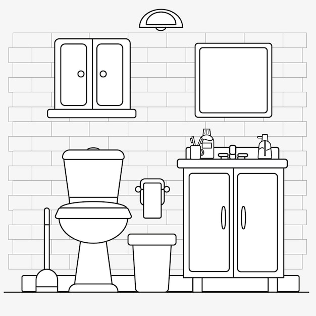 Moderne badkamer interieur toilet Platte vectorillustratie Line Art kleurboek