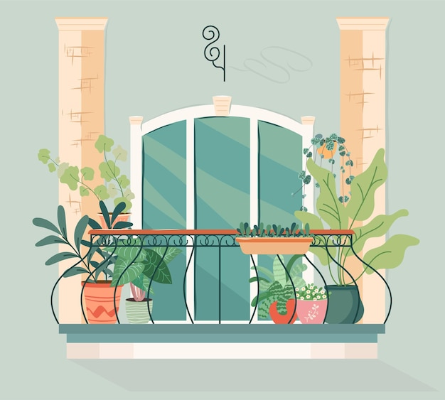 Moderne balkon met groene planten Gezellige balkontuin met groen Vectorontwerp van de gevel van het huis