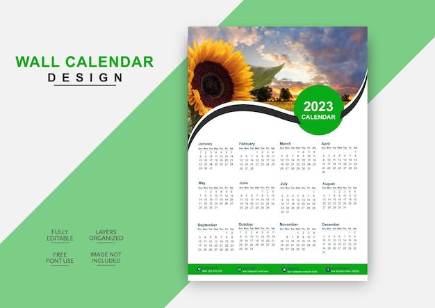 Moderne bewerkbare sjabloon voor enkele wandkalender voor 2023