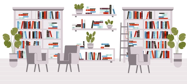 Moderne bibliotheek interieur coworking zone met boekenplanken en stoelen Gezellige boekwinkel leesruimte met planten vector locatie