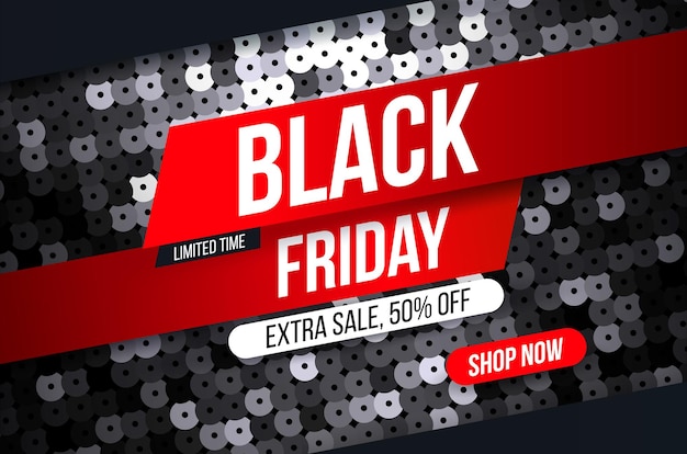 Moderne black friday-banner met zwart pailletteneffect voor speciale aanbiedingen, uitverkoop en kortingen.