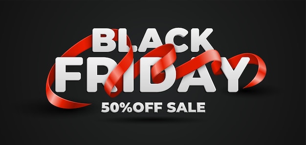 Moderne Black Friday-verkoopbanner met realistische 3D-typografie en rood lint