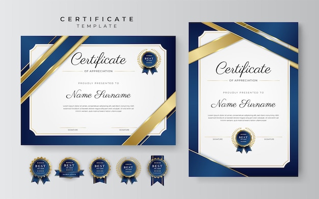 Moderne blauwe certificaatsjabloon en rand voor award diploma eer prestatie afstuderen en afdrukken