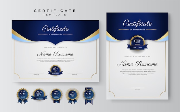 Moderne blauwe certificaatsjabloon en rand voor award diploma eer prestatie afstuderen en afdrukken
