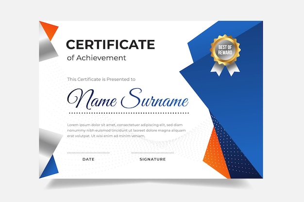 Moderne blauwe certificaatssjabloon met badge