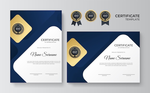 Moderne blauwe en gouden certificaatsjabloon. diploma certificaat grenssjabloon set met badges voor onderscheiding, zaken en onderwijs