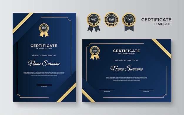 Moderne blauwe en gouden certificaatsjabloon. Diploma certificaat grenssjabloon set met badges voor onderscheiding, zaken en onderwijs