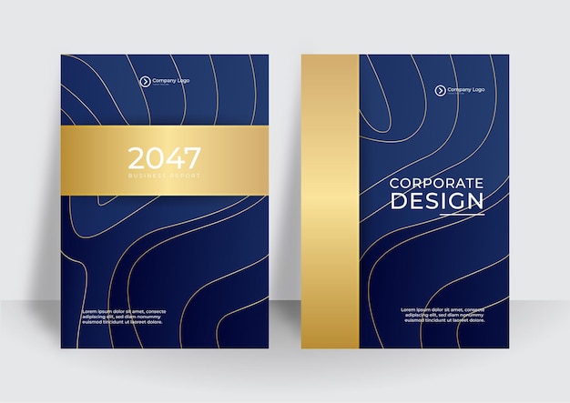 Moderne blauwe gouden zakelijke voorbladsjabloon. Voor brochure, jaarverslag, flyer-ontwerpsjablonen in A4-formaat. Vectorillustraties voor bedrijfspresentatie, zakelijk papier, omslag van bedrijfsdocumenten