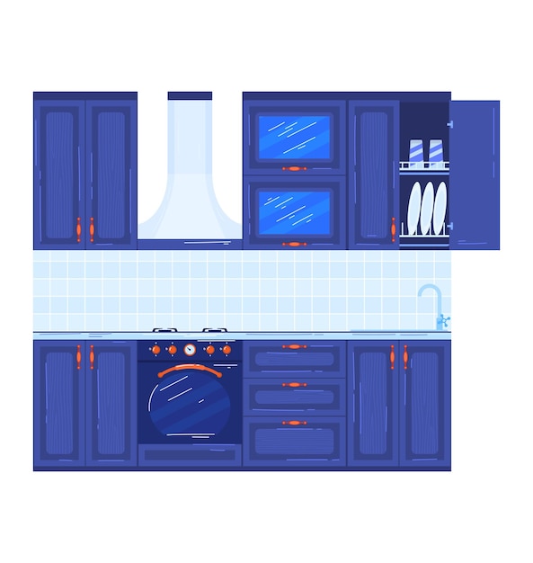 Moderne blauwe keukeninterieur met kasten apparaten en afwas schoon en georganiseerd keukenontwerp