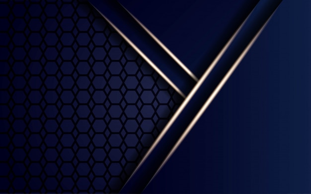 Moderne blauwe vorm achtergrond met gouden lichtlijnen in zeshoek.