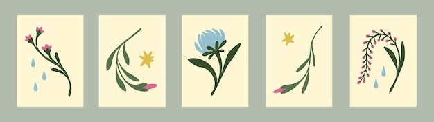 Moderne bloemenwandkunst set Minimalistische interieurposters met abstracte bloemen sterren zachte planten in eigentijdse stijl Decoratieve foto's kunstwerken voor decoratie Platte vectorillustraties