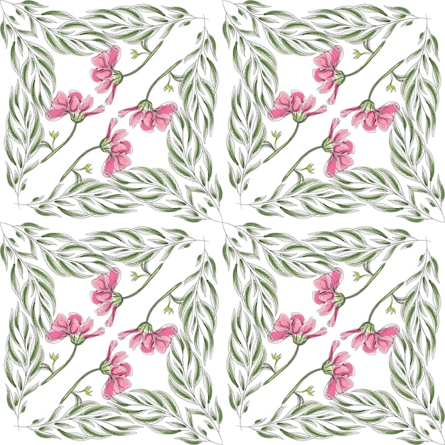 Vector moderne bloemmotief bloemen en bladeren op een witte achtergrond een elegante sjabloon voor modieuze prints groene bladeren en roze bloemen