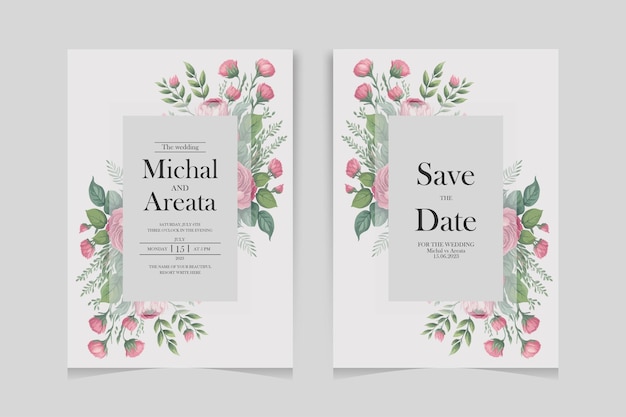 Moderne bruiloft uitnodigingskaart sjabloon met prachtige bloemen set