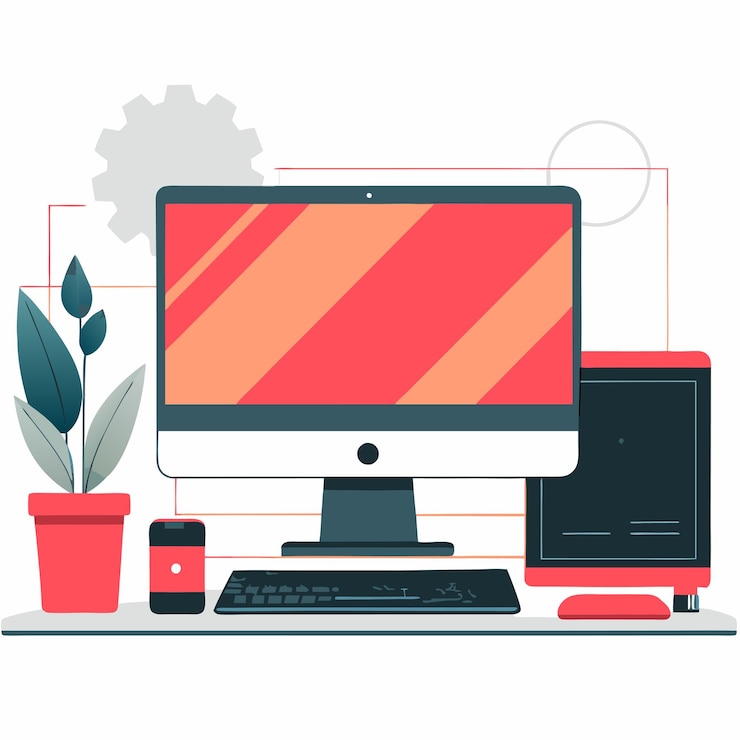 Vector moderne bureaubladcomputer met conceptillustratie in digitale kunststijl