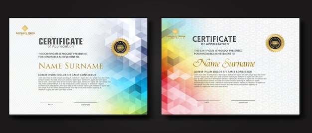 Moderne certificaatsjabloon instellen met gradatie kleurrijke veelhoek vorm ornament