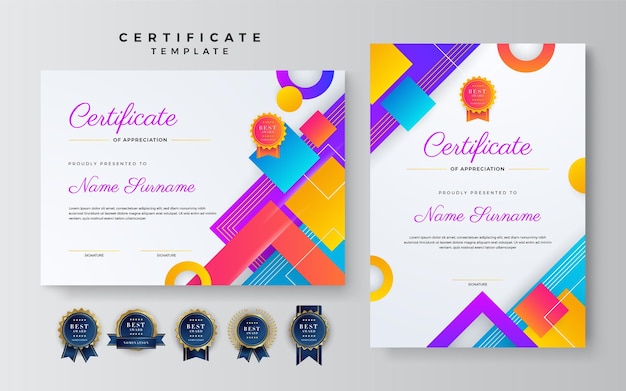 Moderne certificaatsjabloon met kleurrijke abstracte vormen Kan worden gebruikt voor visitekaartje diploma uitnodiging award prestatie graad medaille sportevenement en waardering