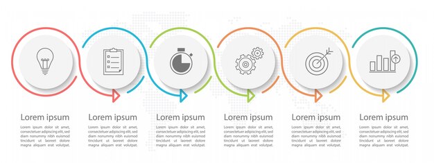 Moderne cirkel tijdlijn infographic 6 opties of stappen.