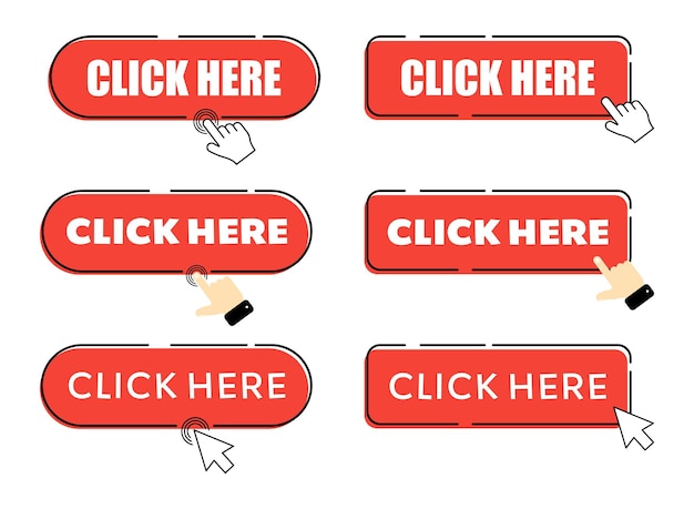 Moderne collectie voor website Online winkelen Klik hier knoppen toepassen handaanwijzer klikken Vector illustratie op een witte achtergrond