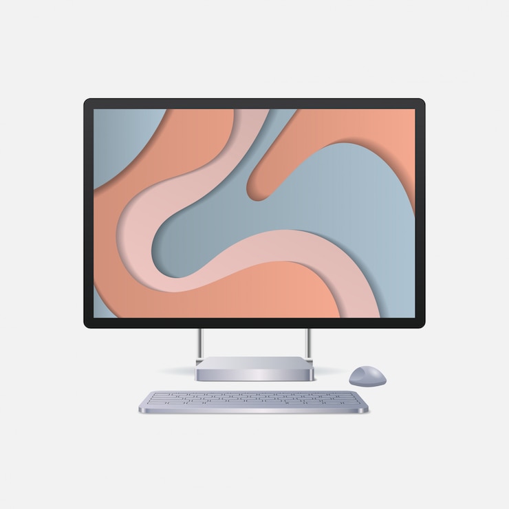 Vector moderne computermonitor met toetsenbordmuis en gekleurd scherm realistische gadgets en apparaten