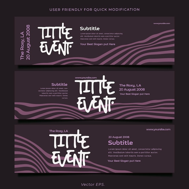Moderne creatieve horizontale webbanner met donkermagenta golvende lijn abstract ontwerp