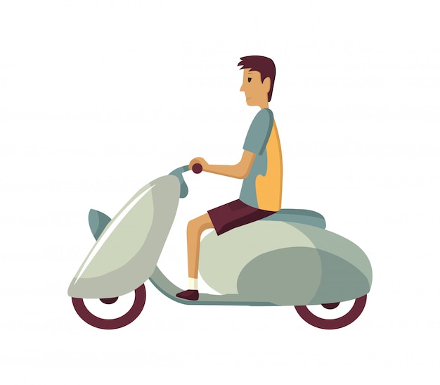 moderne creatieve platte ontwerp illustratie met jonge man woon-werkverkeer op retro scooter. Personenvervoer klassiek kijkend bromfiets, zijaanzicht