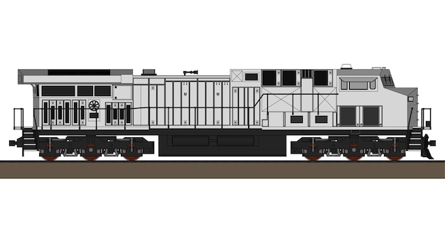 Moderne dieseltreinlocomotief met groot vermogen en kracht voor het rijden van lange en zware spoorwegtreinen. vectorillustratie met omtrek lijn lijnen.